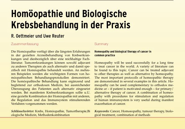 Artikel: Homöopathie und Biologische Krebsbehandlung in der Praxis von Dr. Oettmeier und Dr. Uwe Reuter, Seite 1