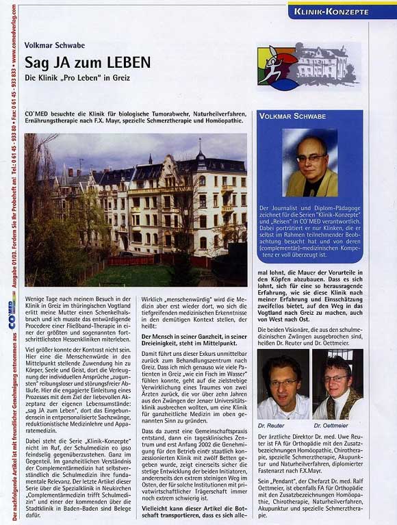 Artikel über das Klinik-Konzept der Klinik Pro Leben in Greiz, Seite 1